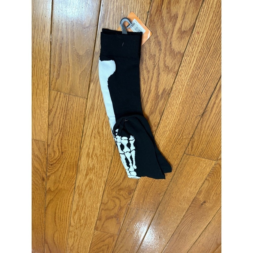 Happy Halloween Skeleton Bone Knee High Socks Black White Shoe Size 4-10 NWT